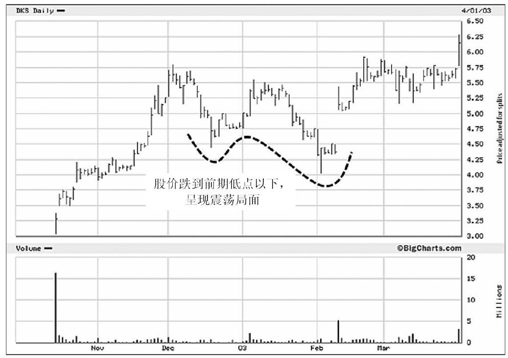 图10.17　Dick's体育用品（DKS），2003年。2002年12月至2003年2月，该股经历了剧烈的震荡期